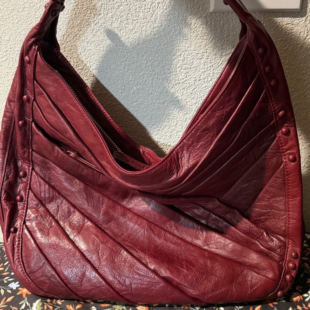 7 For All Mankind Red Wine Burgundy Studded Leather Handbag Vintage HTF EUC